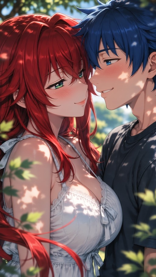 Close-up of an anime-style couple outdoors. A girl with long red hair and a white dress smiles at a boy with spiky blue hair and a dark shirt. Sunlight dapples their faces as they stand close together.