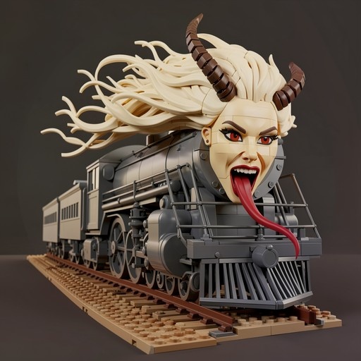 A grey LEGO-style steam train with a large demon girl face on the front, featuring long blonde hair, horns, and a very long red tongue sticking out.