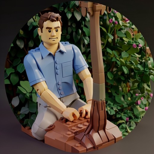 A LEGO-style male figure with brown hair and a blue shirt kneels next to a brick tree trunk in a garden setting.