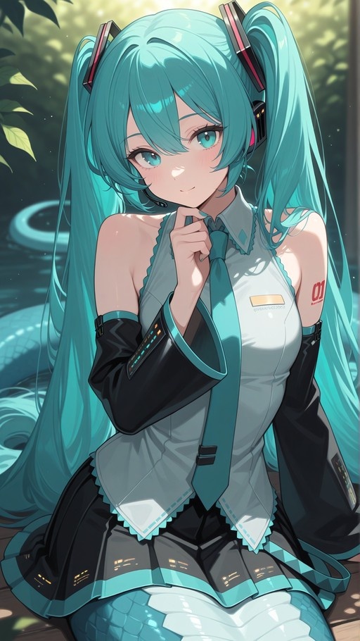 A digital illustration of Hatsune Miku with long teal twin-tails and a scaled snake tail, wearing a white sleeveless shirt and tie while sitting outdoors.