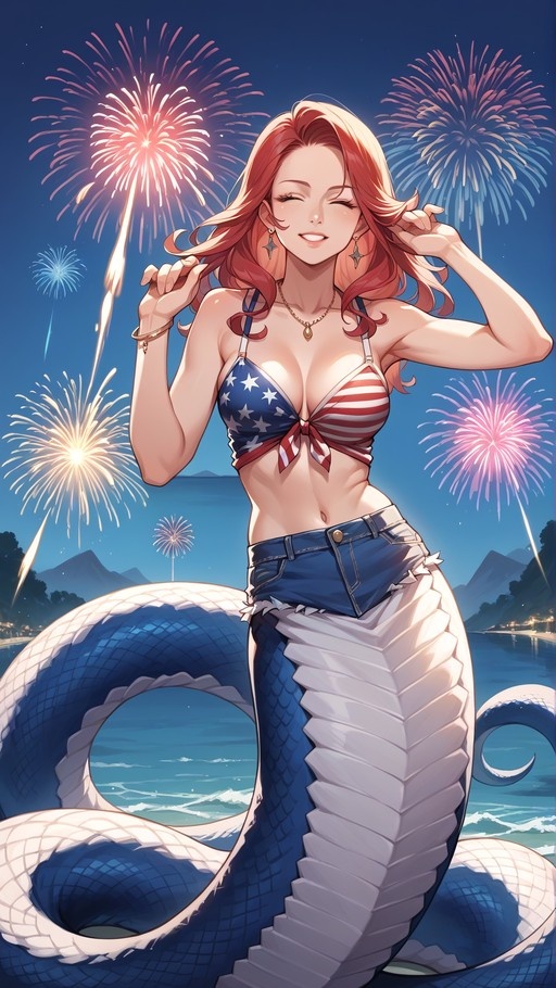 A smiling red-haired lamia with a long blue and white snake tail wears an American flag bikini top and denim shorts while watching fireworks explode in the night sky over water.