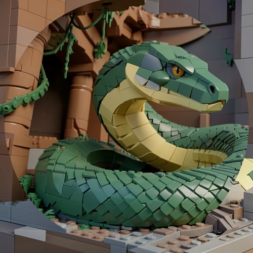 A close-up view of a green snake made of Lego bricks coiled inside a tan structure with vines.