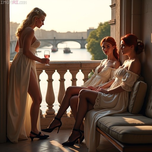 Three women in white dresses on a balcony overlooking a river with a bridge.