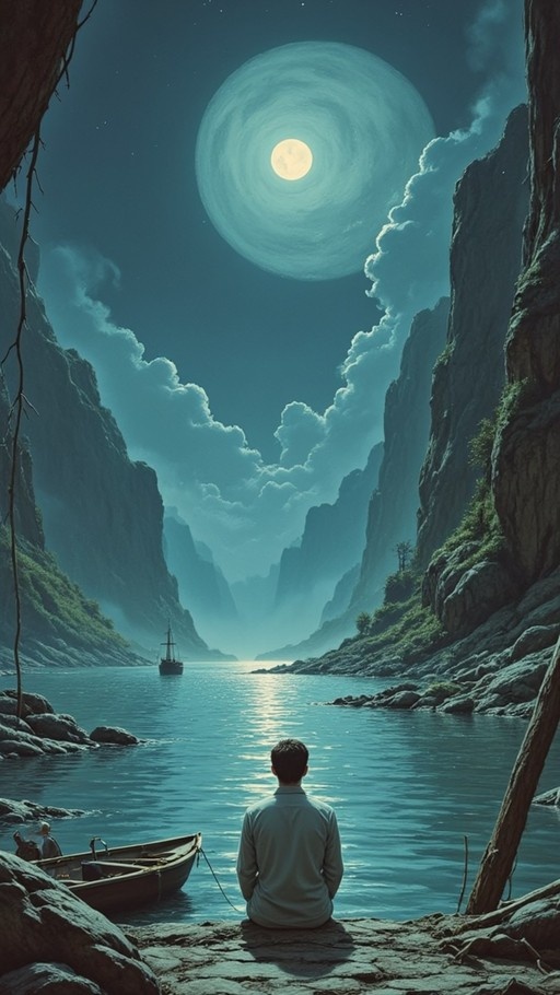 A young man sits on a rocky shore facing a large body of water with a distant sailing ship under a massive glowing full moon and cloudy night sky.