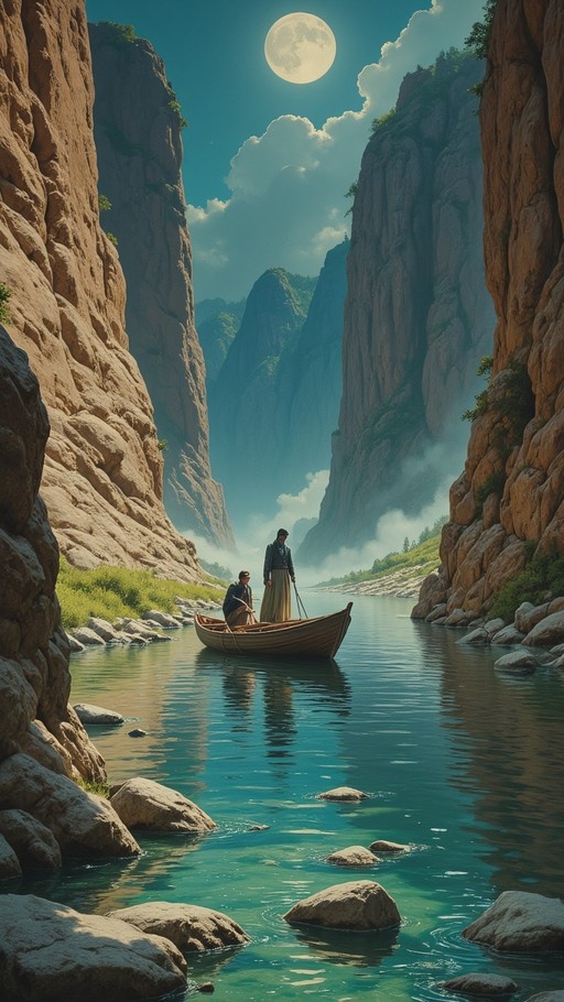 Two people in a wooden boat on a river between high rocky cliffs under a large full moon.