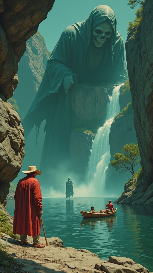 A large skeletal figure in a hood stands behind a waterfall while a person in a red robe watches from the shore near a small boat.