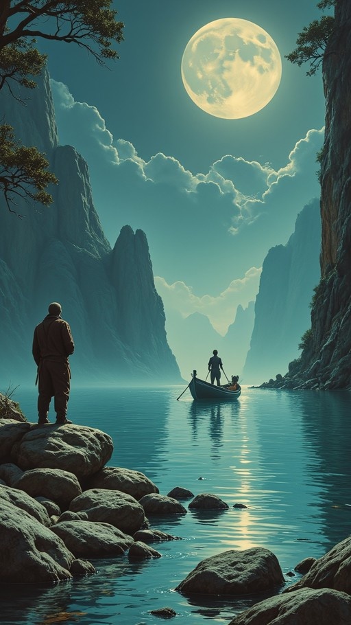 A robed figure stands on rocky banks watching a person row a small boat down a calm river between tall cliffs under a large full moon.
