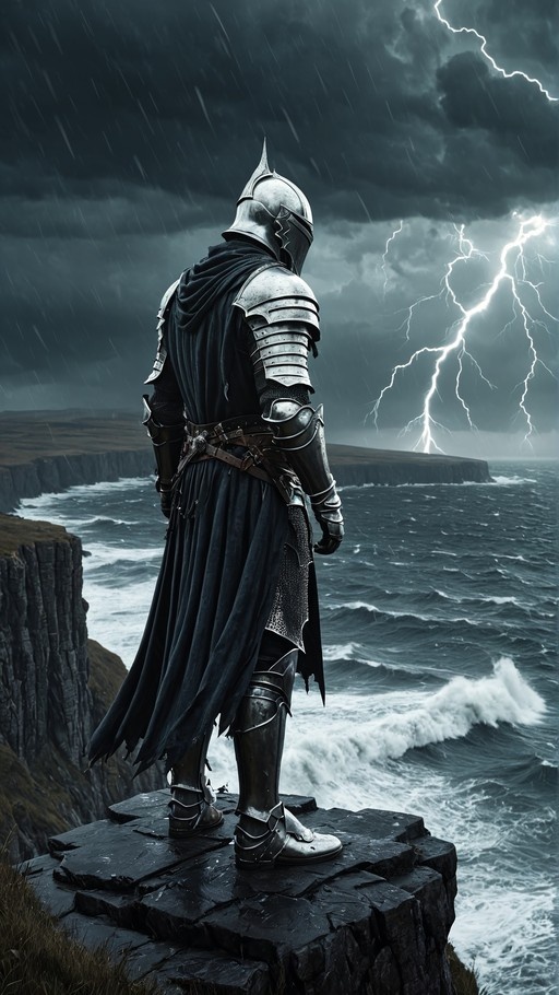 A knight in full silver armor and a black cape stands on a rocky cliff overlooking a rough sea with lightning striking the horizon.