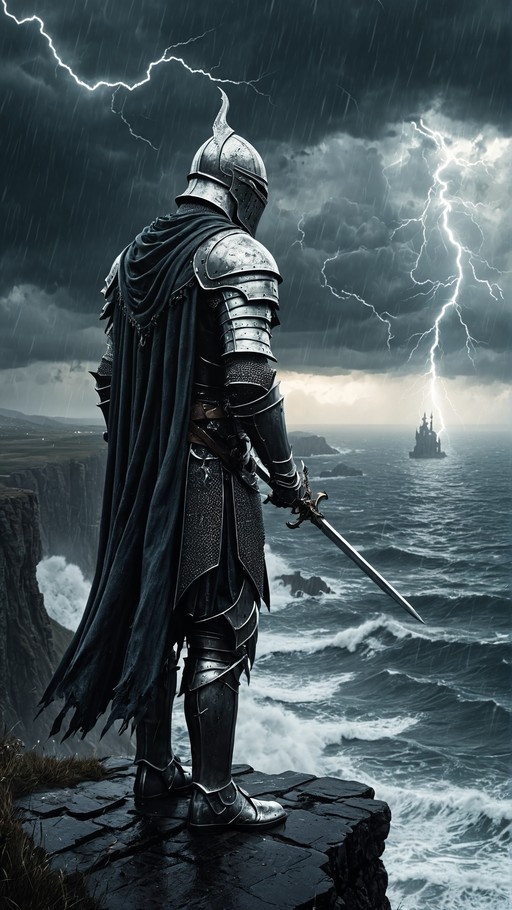 A knight in full plate armor and a black cape stands on a rocky cliff edge holding a sword, looking out at a stormy ocean with lightning striking near a distant island castle.