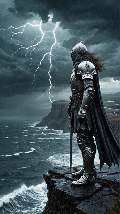 A lone knight in full plate armor and a dark cape stands on a rocky cliff edge holding a sword vertically while looking out at a turbulent ocean under a stormy sky with bright lightning bolts.