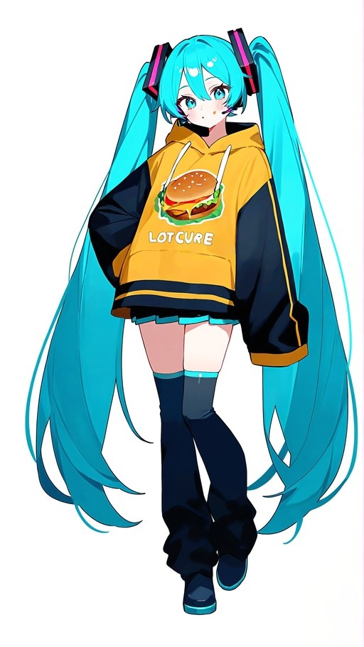 Hatsune Miku with long blue twin-tails wearing a yellow hoodie with a burger print and 'LOTCURE' text, looking at the viewer with a smudge of food on her cheek.