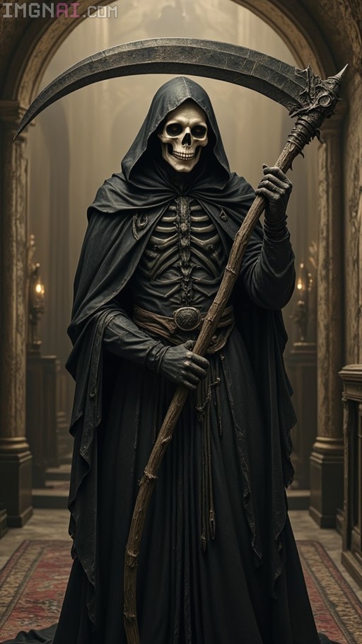 A skeletal Grim Reaper named Olchas in a tattered black hooded robe holding a large scythe inside a dimly lit gothic hall with stone arches.