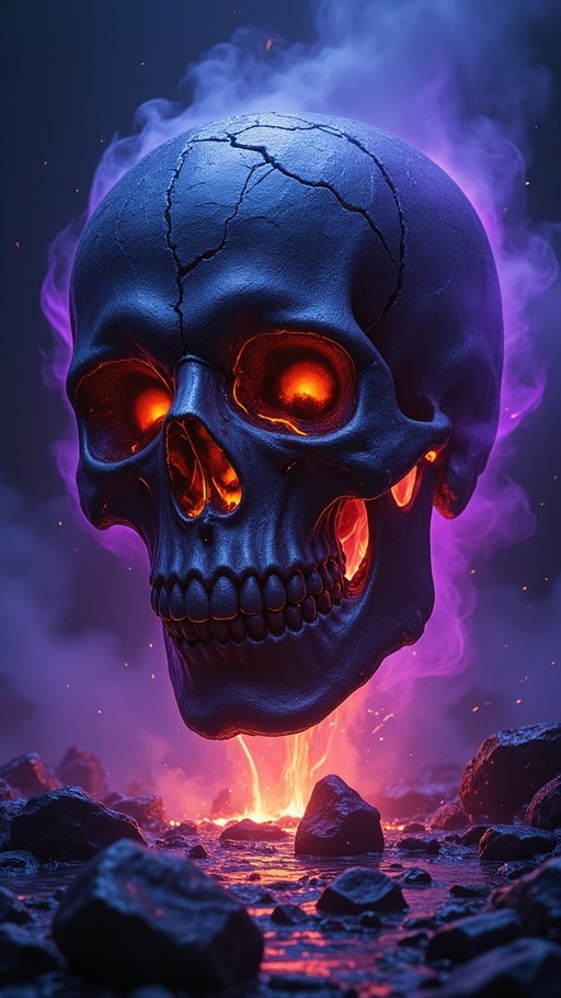 A large, cracked blue skull floats above flowing lava, its eye sockets and mouth illuminated by bright orange fire against a backdrop of purple smoke and dark volcanic rocks.