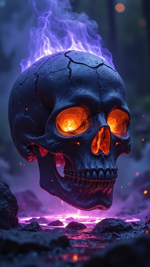 A floating blue skull with burning orange eyes and rising purple flames hovers over a glowing pool in a rocky environment.