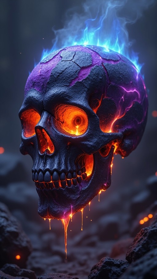 A dark cracked skull with glowing orange eyes and molten lava dripping from its jaw, topped with blue flames.