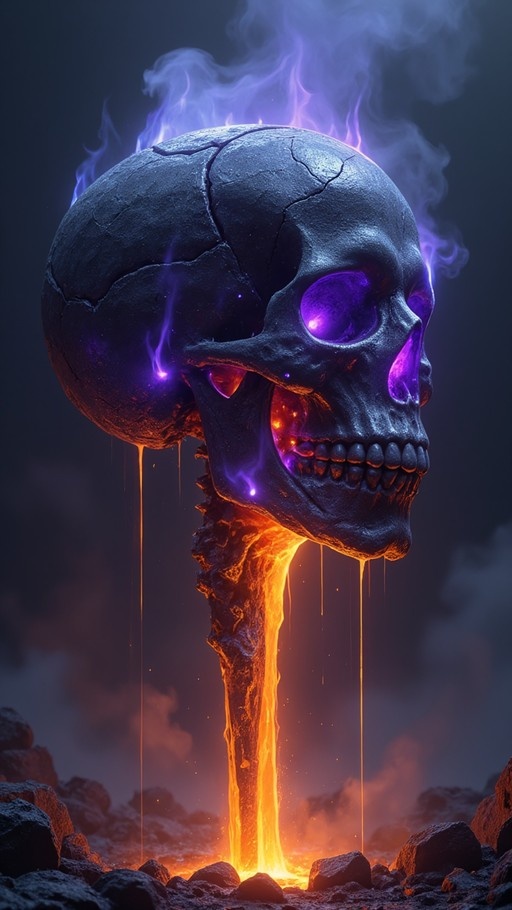 A large, cracked black skull with glowing purple eyes hovers above a stream of bright orange lava flowing down its neck amidst smoke and rocks.