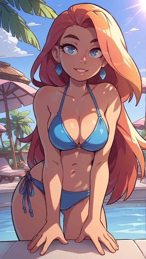 An anime-style illustration of a young woman with long orange hair and blue eyes wearing a blue bikini, leaning on a pool edge and smiling under a sunny sky with palm trees.
