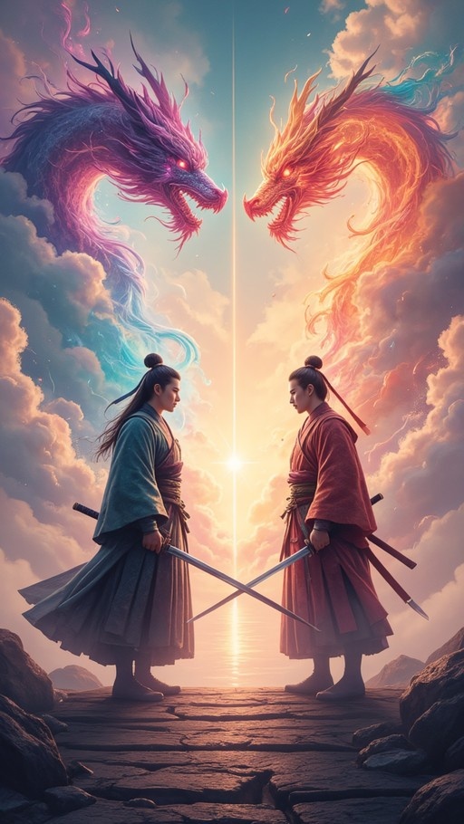 Two swordsmen in blue and red robes stand face-to-face on a stone platform with crossed blades, while large purple and orange dragons appear in the cloudy sky above them.