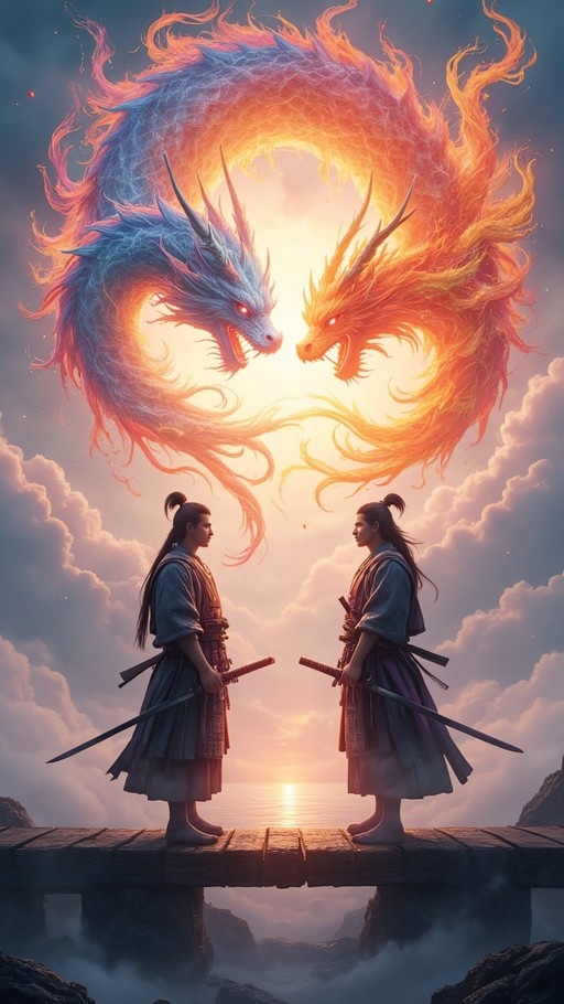 Two samurai warriors holding swords stand on a bridge facing each other under a sky filled with clouds and two large dragons forming a yin-yang symbol.