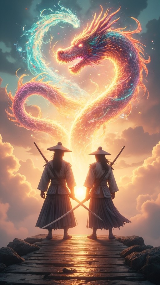 Two warriors in traditional Japanese clothing stand on a wooden platform with crossed swords, facing a massive glowing eastern dragon swirling in the cloudy sunset sky.