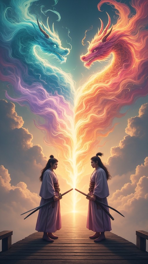 Two warriors in traditional robes cross swords on a wooden pier while giant blue and orange dragons face off in the sky above them.