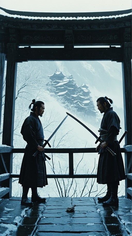 Two samurai warriors holding swords facing each other in a snowy wooden pavilion with a large Japanese castle on a mountain in the background.