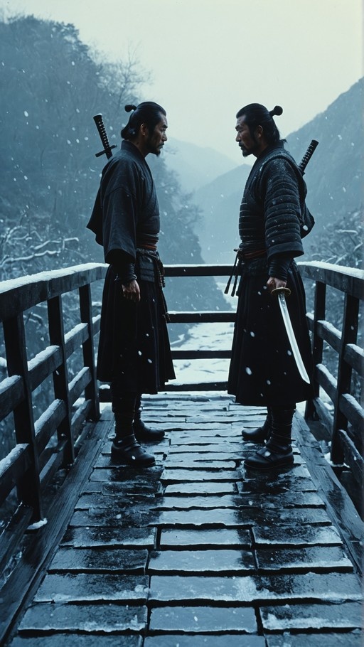 Two samurai in black robes stand facing each other on a wooden bridge during a snowstorm; one holds an unsheathed katana while the other has his sword sheathed, set against misty mountains.