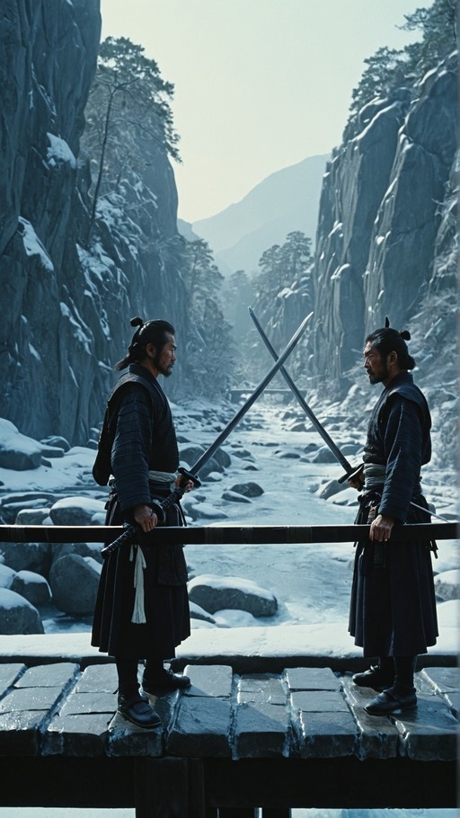 Two bearded samurai in dark robes stand on a snow-covered stone bridge with their katanas crossed, facing each other against a backdrop of steep rocky cliffs and a frozen river.