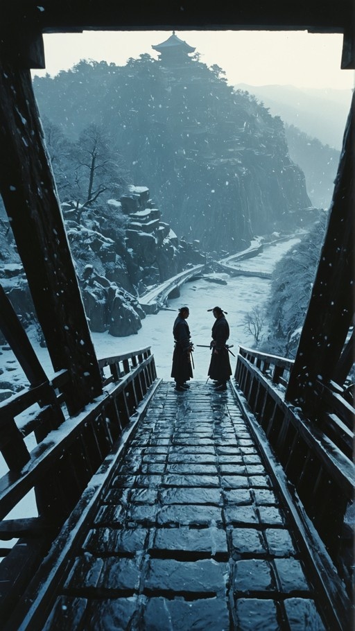 Two figures in dark robes stand on a snowy stone bridge facing each other with swords, overlooking a frozen river and a distant pagoda.