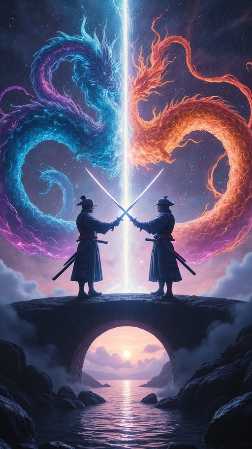 Two samurai warriors cross swords on a stone bridge beneath swirling fire and water dragons in a starry sky.