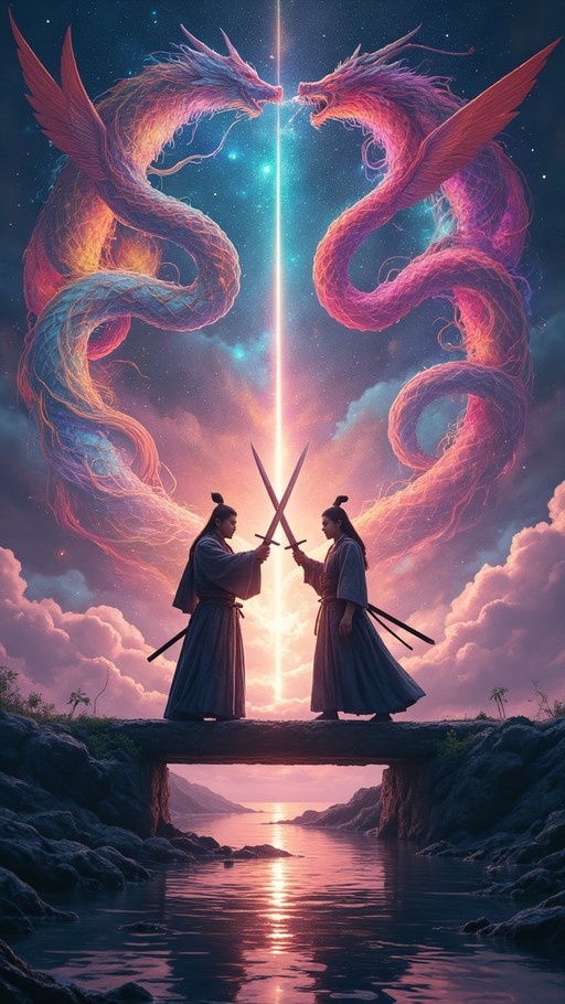 Two warriors in traditional attire cross swords on a stone bridge while massive glowing dragons swirl in the starry sky above.