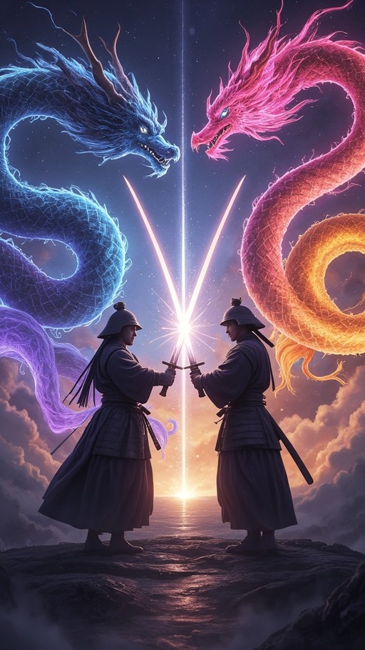 Two samurai warriors clash swords on a cliff while giant blue and pink dragons fly in the sky above them at sunset.