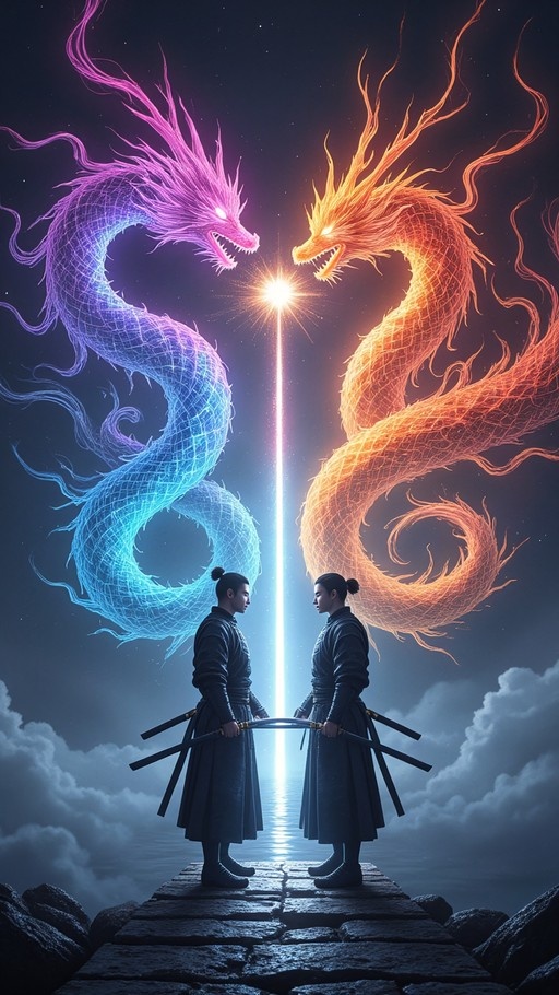 Two samurai warriors holding swords facing each other on a stone platform beneath two large glowing eastern dragons in blue and orange against a night sky.