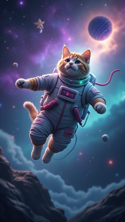An orange and white cat wearing a grey and pink futuristic spacesuit floats in zero gravity against a vibrant purple and blue cosmic background with stars and planets.