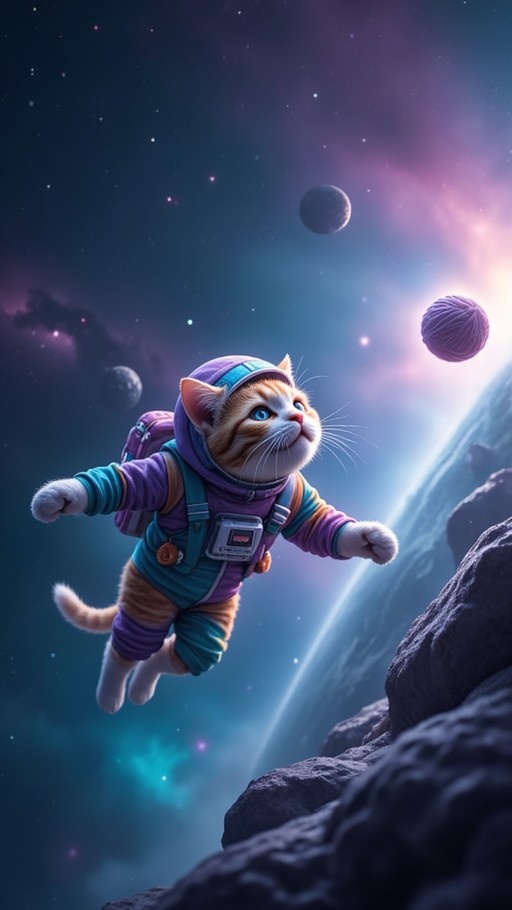 An orange and white cat wearing a purple spacesuit floats through space, looking up at a floating yarn ball with planets in the background.