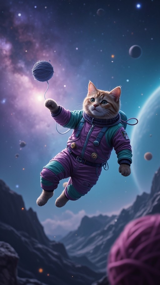 Orange tabby cat in purple spacesuit floating in space with blue yarn ball, nebula, and planets in background