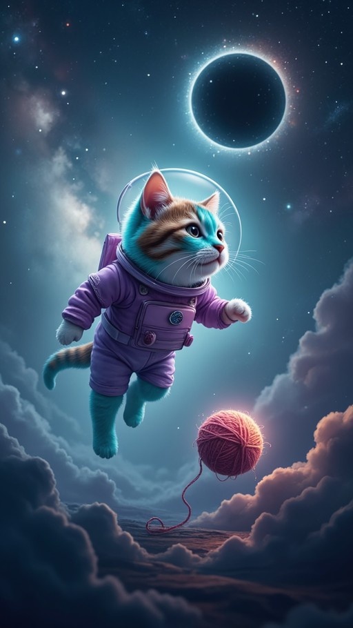 An orange and white cat in a purple spacesuit floats through the sky near an eclipse while reaching for a pink yarn ball.