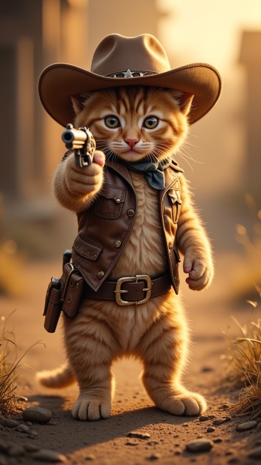 An orange tabby cat wearing a brown cowboy hat and leather vest stands on its hind legs holding a small revolver pointed at the viewer.