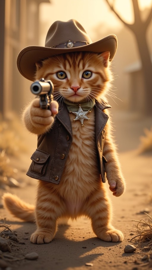 An orange tabby cat dressed in a brown cowboy hat and leather vest stands on its hind legs holding a silver revolver pointed directly at the viewer.