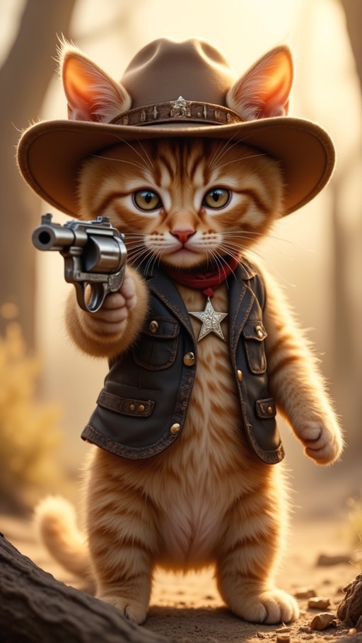 An orange tabby kitten standing on hind legs wearing a brown cowboy hat and black leather vest with a silver star badge, holding a revolver in one paw.