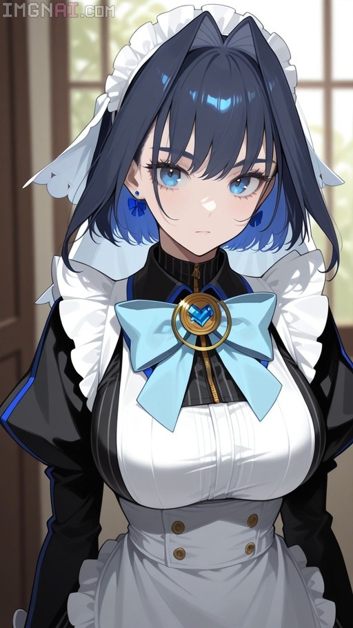 Portrait of Ouro Kronii in a black and white maid uniform with a large blue bow.