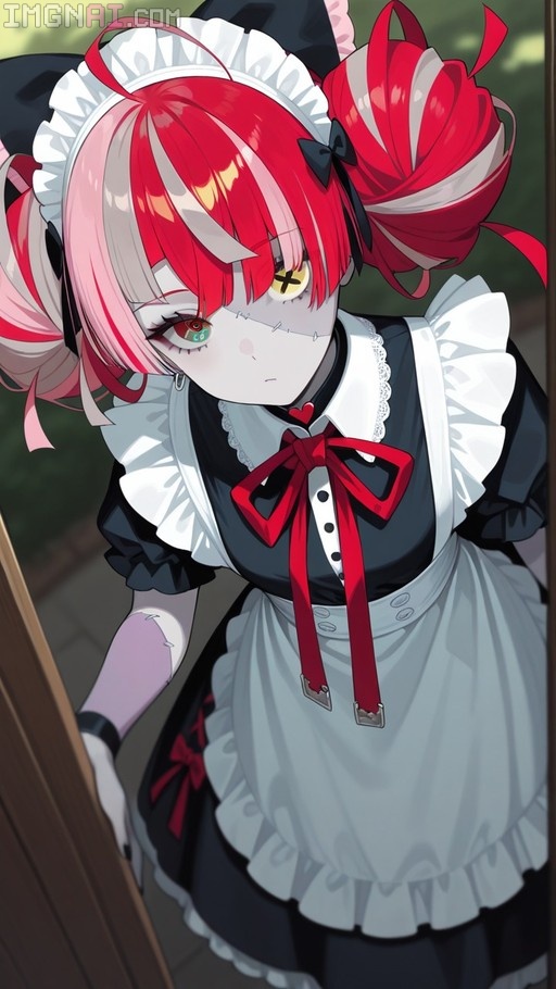 Digital illustration of Kureiji Ollie from Hololive wearing a black and white maid outfit with red ribbons, peeking through a doorway with her signature stitched zombie features and heterochromatic eyes.