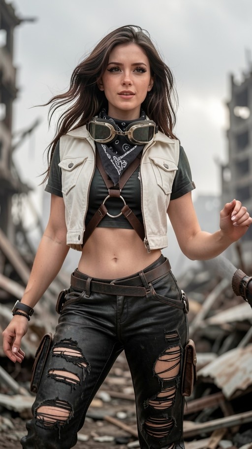A woman with long brown hair stands in a ruined city wearing a white vest, black bandana, goggles around her neck, and heavily torn black pants.