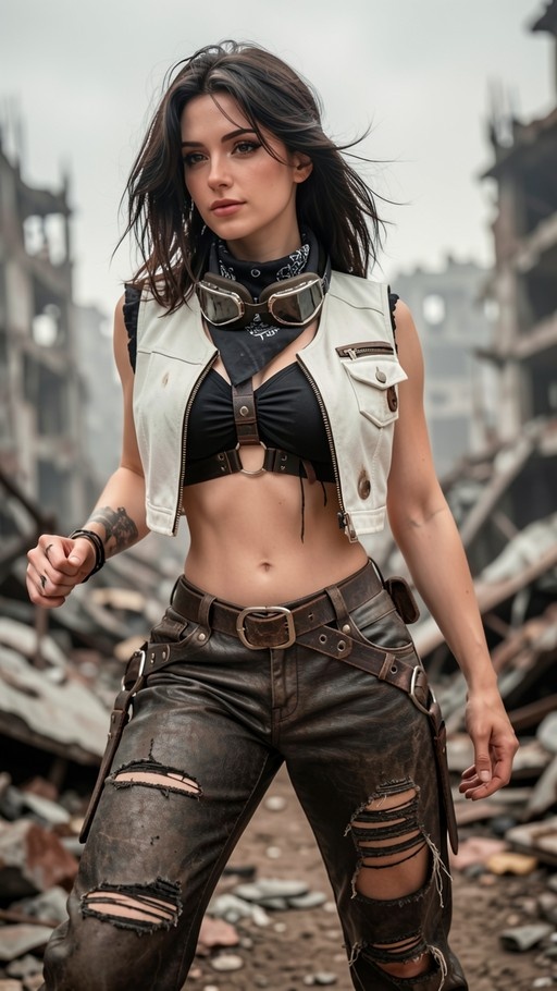 A realistic digital illustration of a young woman with long dark hair standing in a post-apocalyptic wasteland. She wears a white vest, black top with leather harness, ripped jeans, and goggles around her neck, surrounded by rubble and destroyed buildings.