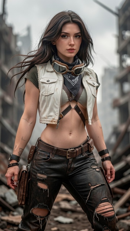 A realistic portrait of a young woman with long brown hair standing in a ruined cityscape, wearing a distressed white vest, goggles around her neck, and torn dark pants.