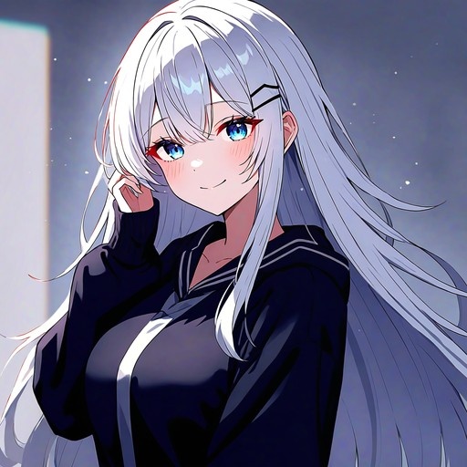 Anime girl with long white hair and blue eyes wearing a dark sailor uniform, smiling and blushing while touching her hair.