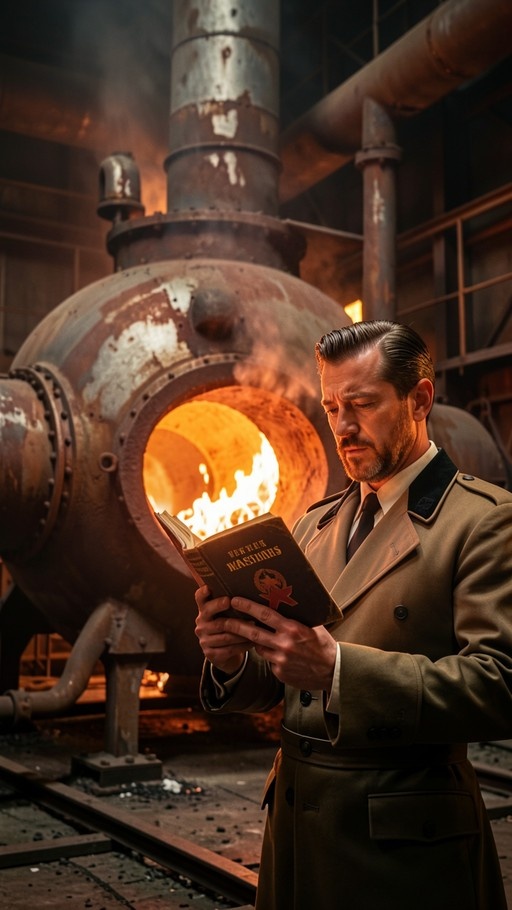 A bearded man in a military coat reads a book with Cyrillic text while standing next to a large burning industrial boiler.