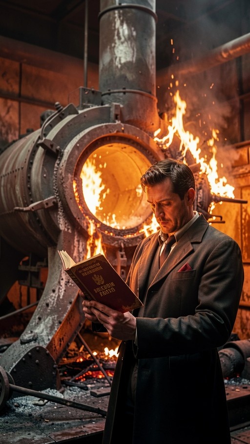 A man in a formal coat and white gloves reads an open book while standing in front of a large industrial furnace with flames and sparks.