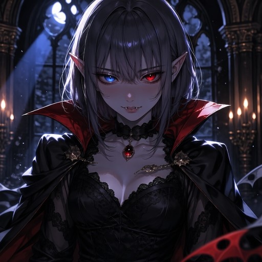 Anime-style vampire girl with heterochromia, pointed ears, and fangs wearing a black dress and red-lined cape indoors.