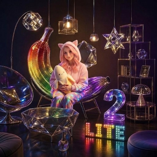 A smiling woman with long pink hair wearing a pink cat-ear hoodie and shiny pants sits in a large iridescent banana chair holding a white stuffed animal, surrounded by hanging geometric lights and neon signs.